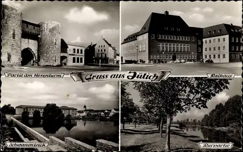 Ak Jülich in Nordrhein Westfalen, Hexenturm, Rathaus, Schwanenteich, Rurpartie