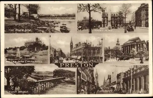 Ak Preston North West England, The River Side, Market Place, Fishergate, Tram Bridge, Park Hotel