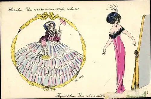 Künstler Ak Sager, Xavier, Autrefois, Une robe 20 metres d'etoffe, elegante Dame