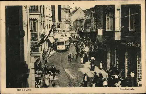 Ak Siegburg an der Sieg, Bahnhofstraße, Straßenbahn, Tankstelle