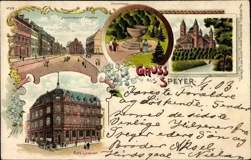 Litho Speyer am Rhein, Domschüssel, Cafe Lindauer, Hauptstraße, Altpörtel