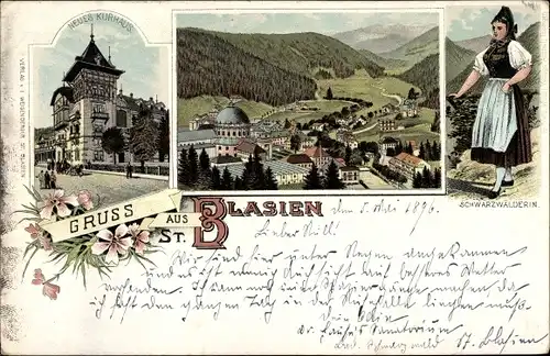 Litho Sankt Blasien im Schwarzwald, Frau in Volkstracht, Totalansicht, neues Kurhaus