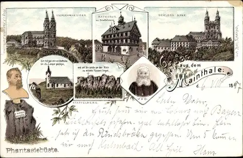Litho Bad Staffelstein am Main Oberfranken, Schloss Banz, Maintal, Vierzehnheiligen, Ivo, Kirche