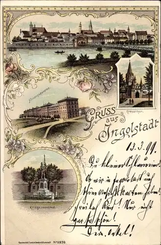 Litho Ingolstadt an der Donau Oberbayern, Kriegerdenkmal, Kreuztor, Friedenskaserne, Totalansicht