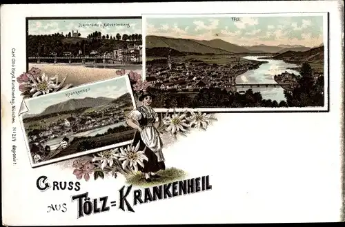 Litho Krankenheil Bad Tölz im Isartal Oberbayern, Iserbrücke und Kalvarienberg, Ortsblick