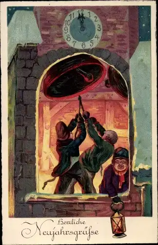 Ak Glückwunsch Neujahr, Glocken, Kirchturm, Uhr, Handlaterne