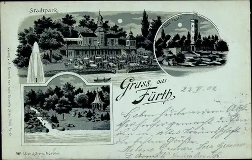 Mondschein Litho Fürth in Mittelfranken Bayern, Alte Veste, Stadtpark