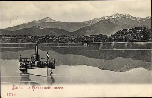 Ak Herrenchiemsee Chiemsee Oberbayern, Bergpanorama, Dampfer