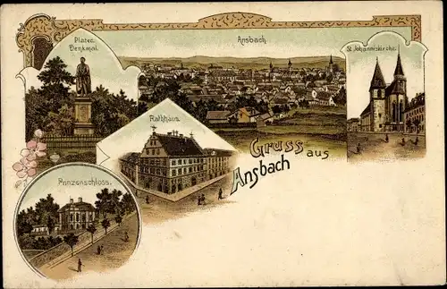 Litho Ansbach in Mittelfranken Bayern, Prinzenschloss, Platen Denkmal, Rathaus, St. Johanniskirche