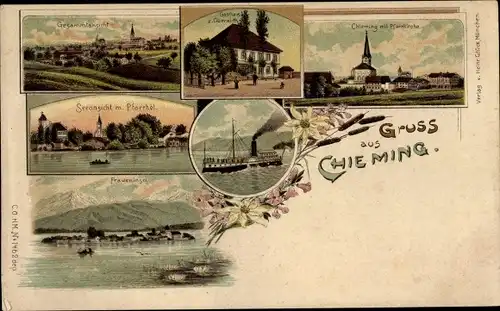 Litho Chieming am Chiemsee Oberbayern, Gasthaus zum Oberwirth, Pfarrkirche, Pfarrhof, Fraueninsel