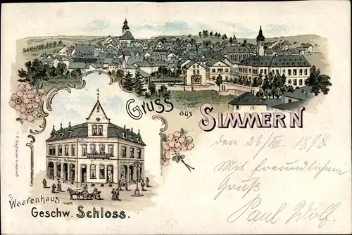 Litho Simmern im Hunsrück, Warenhaus Geschw. Schloss, Gesamtansicht