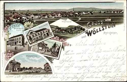 Litho Wöllstein in Rheinhessen, Präparandenanstalt, Bahnhofstraße, Germaniaplatz, Wilhelmslust