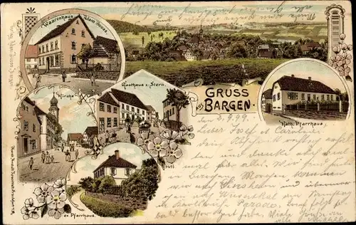 Litho Bargen in Baden, Warenhaus Adam Jooss, Pfarrhaus, Gasthaus zum Stern, Kirche