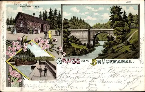 Litho Feucht in Mittelfranken, Gruß vom Brückkanal, Restauration, Kanalbrücke