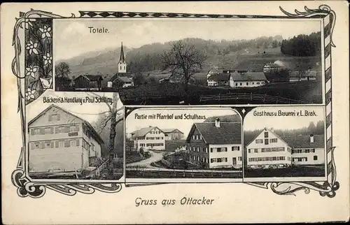 Ak Ottacker Sulzberg im Oberallgäu, Bäckerei und Handlung, Pfarrhof, Schulhaus, Gasthaus u. Brauerei