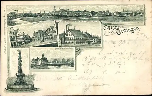 Litho Oettingen am Ries Bayern, Marktplatz, Wörnitzbrücke, Monumentalbrunnen