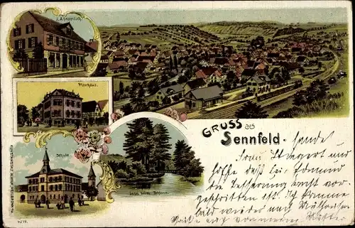 Litho Sennfeld Adelsheim in Baden, Geschäftshaus Gramlich, Pfarrhaus, Schule, Gesamtansicht