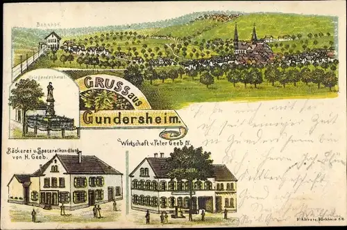 Litho Gundersheim in Rheinhessen, Bäckerei und Handlung, Wirtschaft, Kriegerdenkmal, Bahnhof