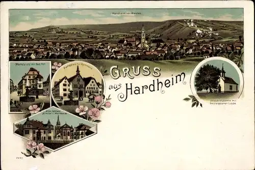 Litho Hardheim im Odenwald Baden, Kapelle, Marktplatz, Rathaus, Altes Schloss