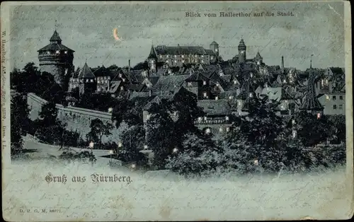Halt gegen das Licht Ak Nürnberg in Mittelfranken Bayern, Blick vom Hallertor auf die Stadt