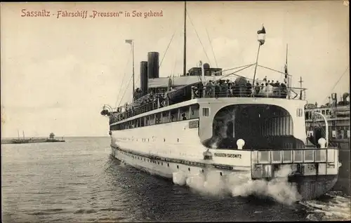 Ak Sassnitz auf der Insel Rügen, Fährschiff Preussen in See gehend