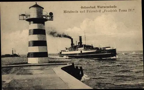 Ak Warnemünde Rostock in Mecklenburg, Mittelmole und Fährschiff Friedrich Franz IV, Leuchtturm