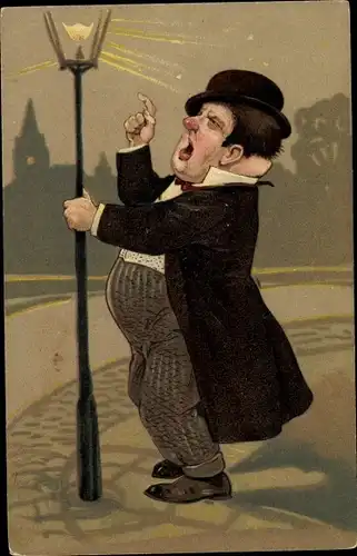 Präge Litho Betrunkener an der Straßenlampe, Humor