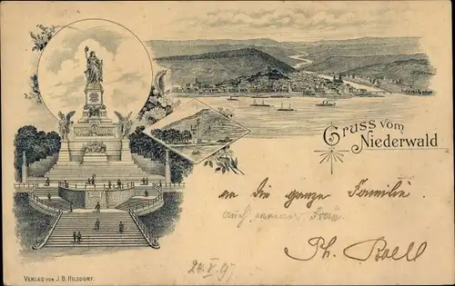 Litho Rüdesheim am Rhein, Niederwald Nationaldenkmal, Panorama