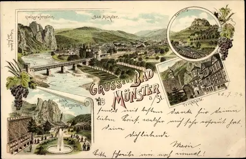 Litho Bad Münster am Stein Ebernburg, Rheingrafenstein, Kurgarten, Trinkhalle