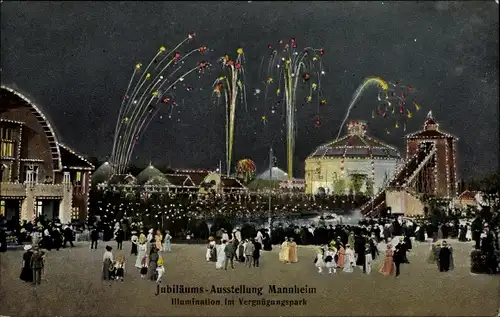 Ak Mannheim in Baden, Jubiläumsausstellung 1907, Illumination im Vergnügungspark, Feuerwerk