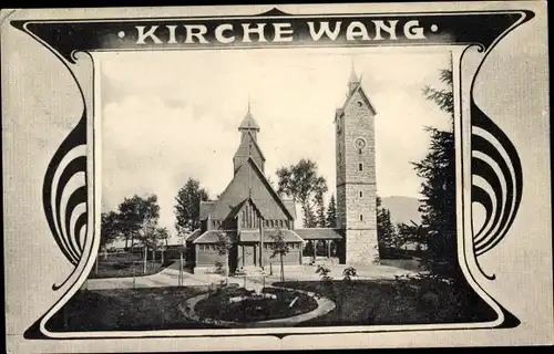 Passepartout Ak Karpacz Górny Brückenberg Krummhübel Riesengebirge Schlesien, Kirche Wang