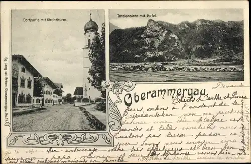 Ak Oberammergau in Oberbayern, Dorfpartie, Kirchturm, Panorama mit Kofel