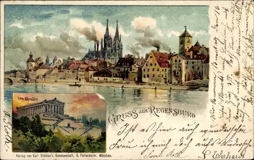Litho Regensburg an der Donau Oberpfalz, Stadtpanorama, Walhalla