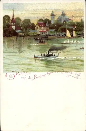 Litho Berlin Treptow, Berliner Gewerbe Ausstellung 1896, Ausstellungsgelände an der Spree