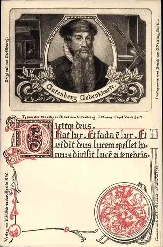 Ak Johannes Gutenberg, Typen der Bibel I. Moses Cap. 1 Vers 3 u. 4