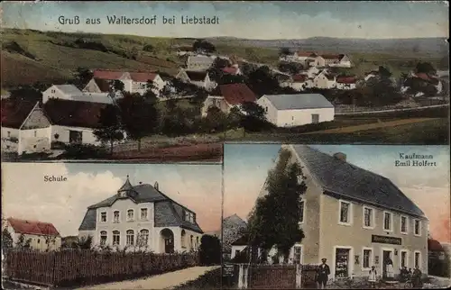 Ak Waltersdorf Liebstadt in Sachsen, Gesamtansicht, Schule, Kaufmann Emil Holfert