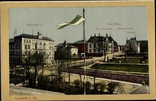 Ak Limbach Oberfrohna Sachsen, Bürgerschule I, Hotel Hirsch, Amtsgericht, Diaconat, Kriegerdenkmal