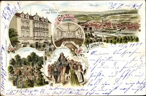 Litho Hameln in Niedersachsen, Hotel Kaiserhof, Rattenfänger, Blick auf den Ort