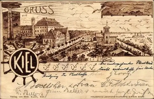 Litho Kiel, Schloss, Seegarten, Kriegshafen, Holzbrandimitation