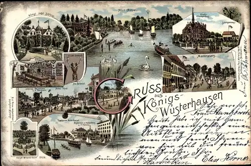 Litho Königs Wusterhausen in Brandenburg, Neue Mühle, Kreiskrankenhaus, Schützenhaus, Marktplatz