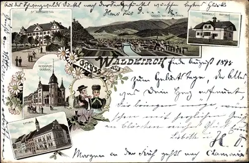 Litho Waldkirch im Breisgau Schwarzwald, St. Margaretha, Kandel, Reichspostgebäude, Rathaus, Tracht