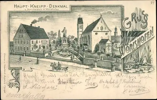 Litho Bad Wörishofen im Unterallgäu, Haupt Kneipp Denkmal, Denkmalplatz