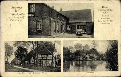 Ak Hohn in Schleswig Holstein, Gasthaus zur Doppel Eiche, Alter Bauernhof, Dorfteich