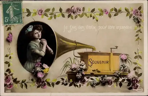 Ak Grammophone, Souvenir, Frau-Portrait, Rosen