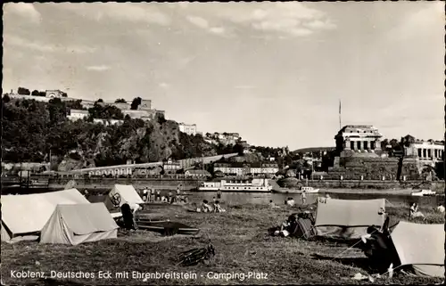 Ak Koblenz am Rhein, Das Deutsche Eck mit Ehrenbreitstein, Campingplatz