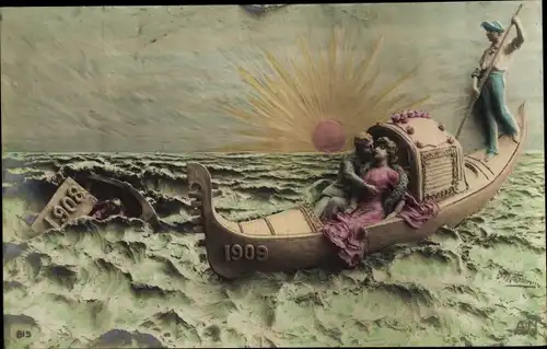 Ak Plastik von Domenico Mastroianni, Liebespaar im Ruderboot, Neues Jahr, Sonnenaufgang, Allegorie