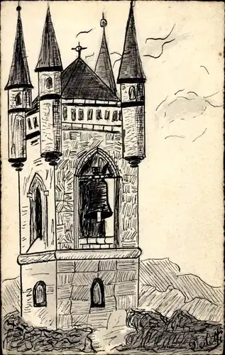 Künstler Ak Schlossturm, Kirche, Schloss, Glocke