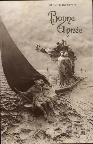 Ak Glückwunsch Neujahr, Plastik von Domenico Mastroianni, Liebespaar, Segelboot