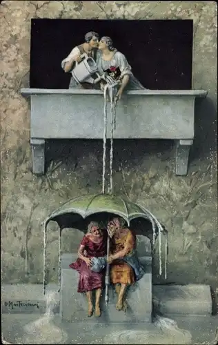 Künstler Ak Mastroianni, D., Liebespaar, Alte Menschen unter einem Regenschirm, Allegorie