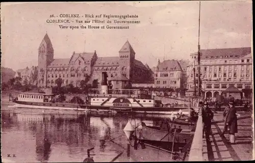 Ak Koblenz am Rhein, Blick auf Regierungsgebäude, Salondampfer